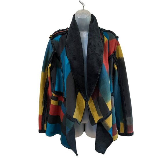 Adore Multicolor Patchwork Open Front Jacket With Faux Fur Trim Medium Polyester - Picture 2 of 7